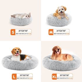 24 Inch Anti-Slip Round Fluffy Plush Faux Fur Cat Bed, Fits Up To 25 Lbs Pets (Option: Grey S)
